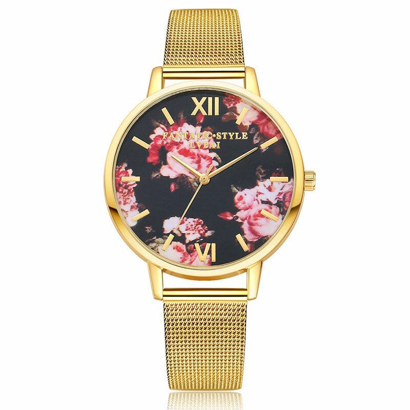 Mesh Stålbånd Casual Style Damearmbåndsur Flower Elegant Design Quartz Watch