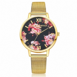 Mesh Stålbånd Casual Style Damearmbåndsur Flower Elegant Design Quartz Watch