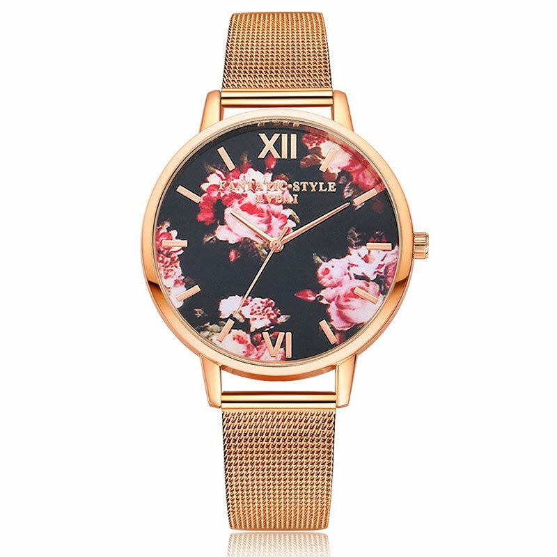 Mesh Stålbånd Casual Style Damearmbåndsur Flower Elegant Design Quartz Watch