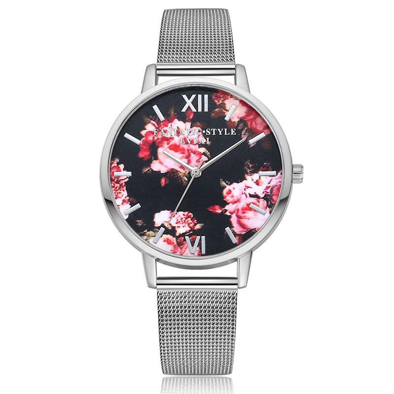 Mesh Stålbånd Casual Style Damearmbåndsur Flower Elegant Design Quartz Watch