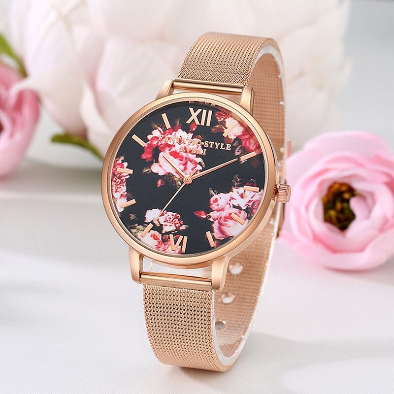 Mesh Stålbånd Casual Style Damearmbåndsur Flower Elegant Design Quartz Watch