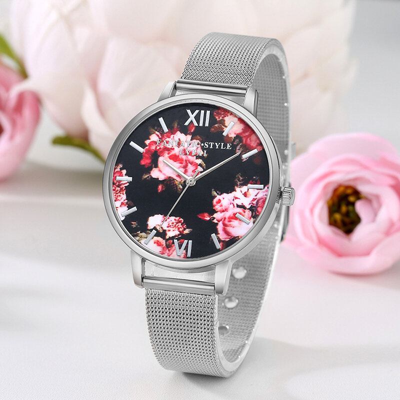 Mesh Stålbånd Casual Style Damearmbåndsur Flower Elegant Design Quartz Watch