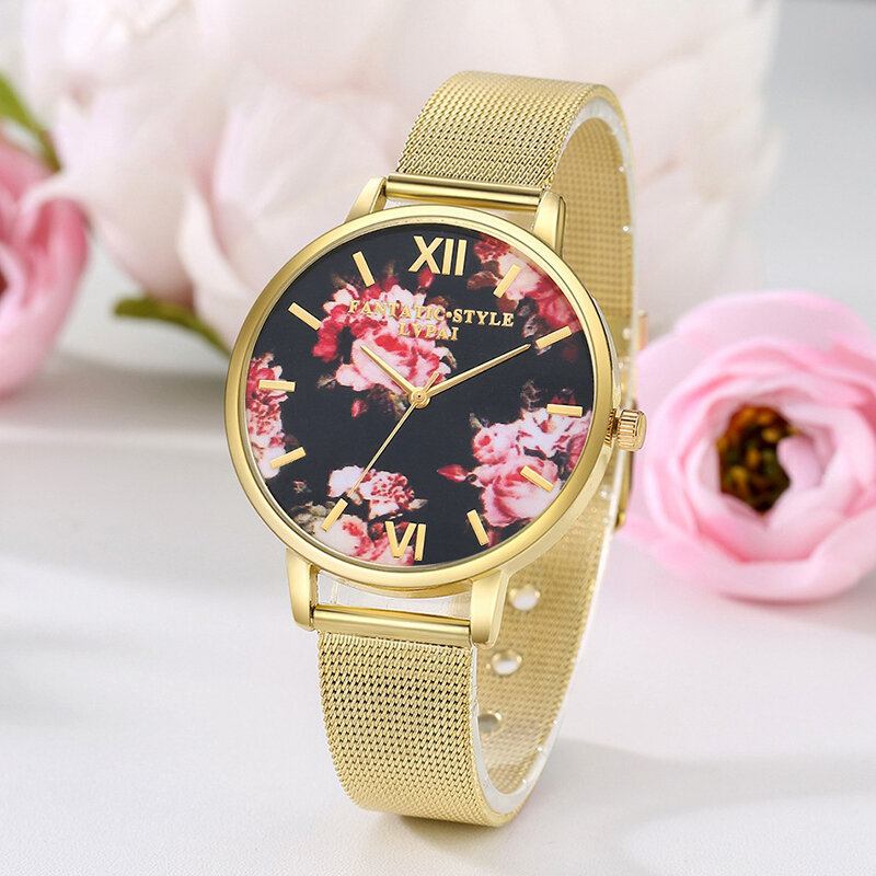 Mesh Stålbånd Casual Style Damearmbåndsur Flower Elegant Design Quartz Watch