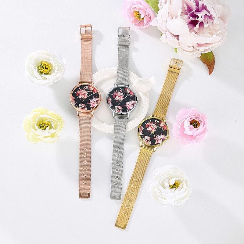 Mesh Stålbånd Casual Style Damearmbåndsur Flower Elegant Design Quartz Watch