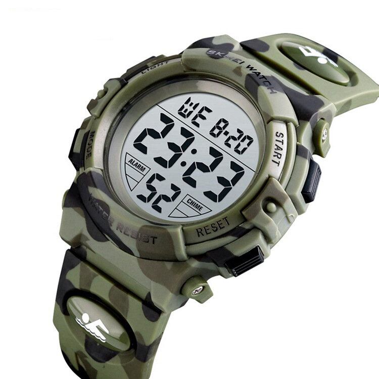 Militær Camouflage Børn Armbånd 12/24 Timer Mode El Lysende Display Stopur Alarm 5atm Vandtæt Kids Digital Watch