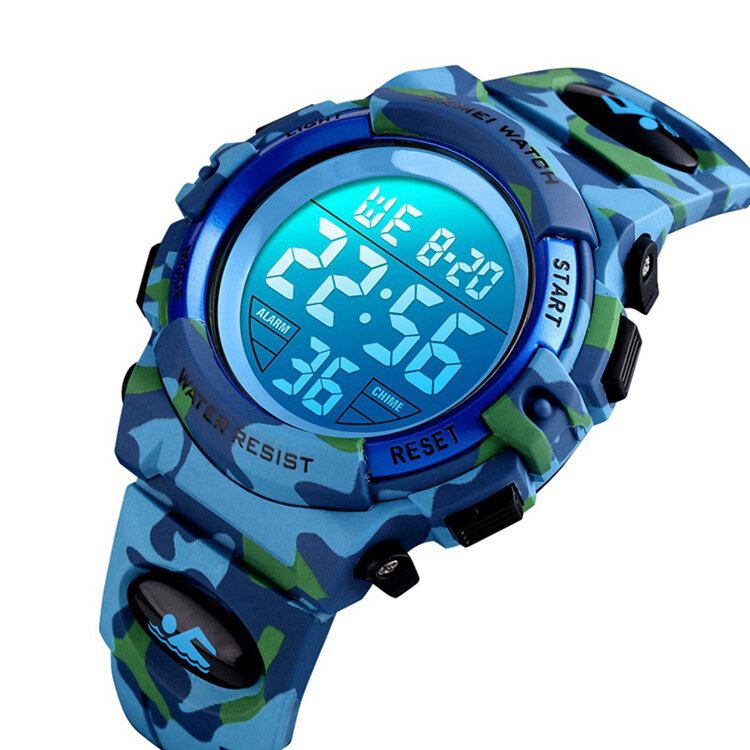 Militær Camouflage Børn Armbånd 12/24 Timer Mode El Lysende Display Stopur Alarm 5atm Vandtæt Kids Digital Watch