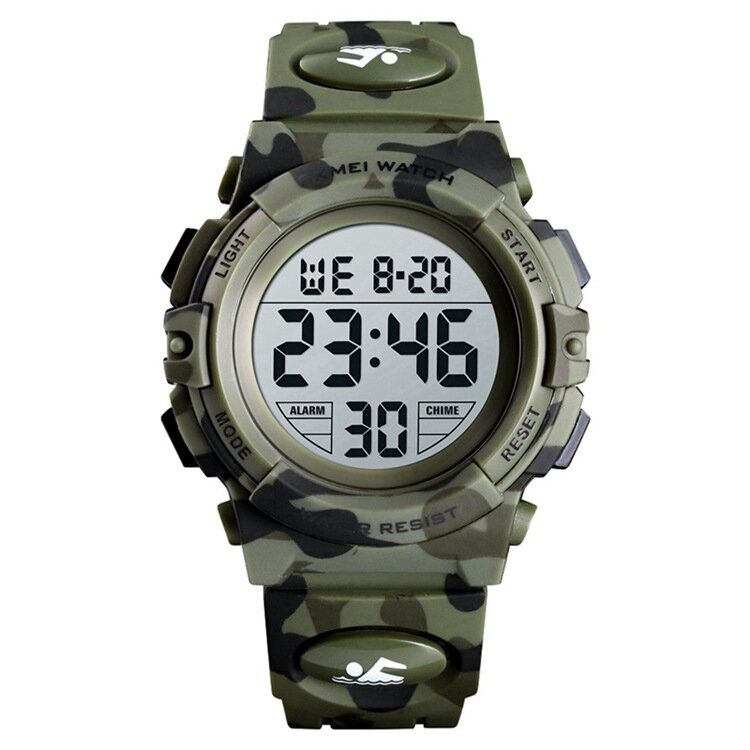 Militær Camouflage Børn Armbånd 12/24 Timer Mode El Lysende Display Stopur Alarm 5atm Vandtæt Kids Digital Watch