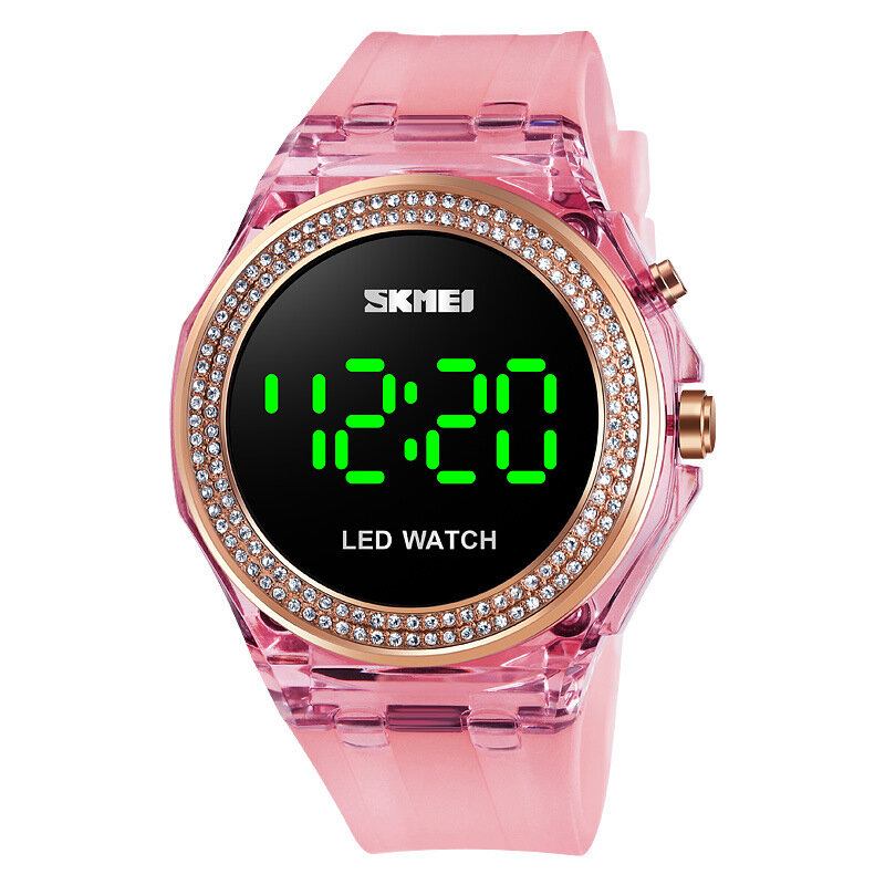 Mode Dameur Diamantskive Transparent Pu Strap Lysende Display Lady Digital Watch