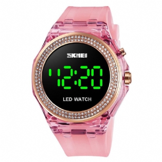 Mode Dameur Diamantskive Transparent Pu Strap Lysende Display Lady Digital Watch