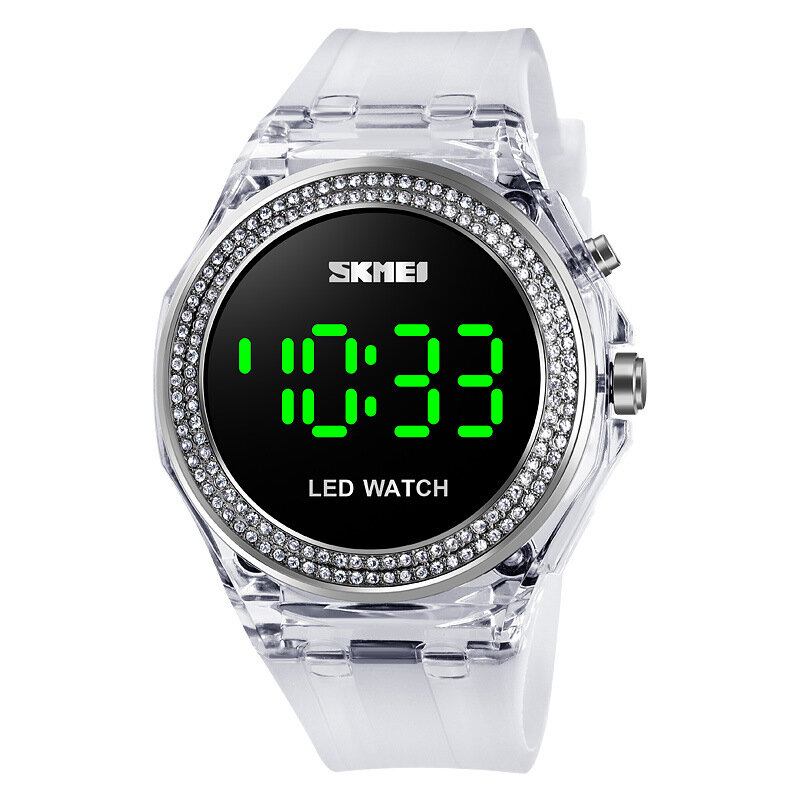 Mode Dameur Diamantskive Transparent Pu Strap Lysende Display Lady Digital Watch