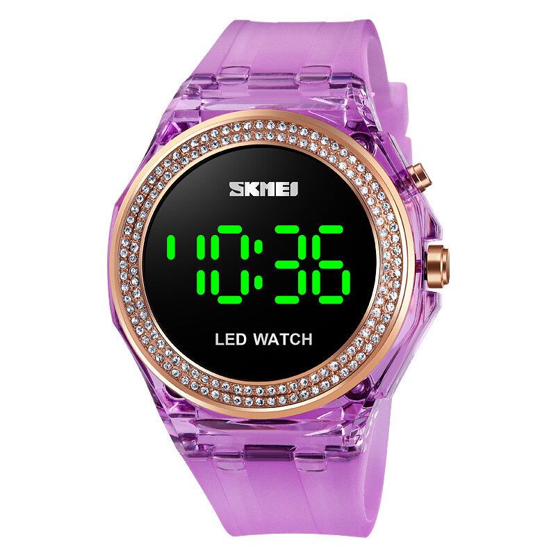 Mode Dameur Diamantskive Transparent Pu Strap Lysende Display Lady Digital Watch