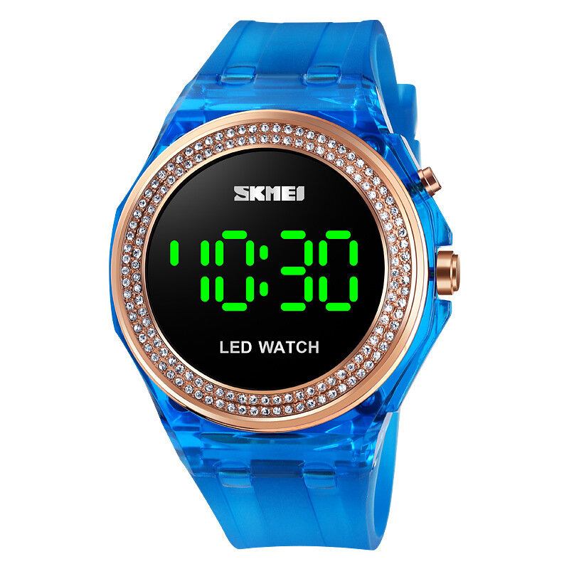 Mode Dameur Diamantskive Transparent Pu Strap Lysende Display Lady Digital Watch