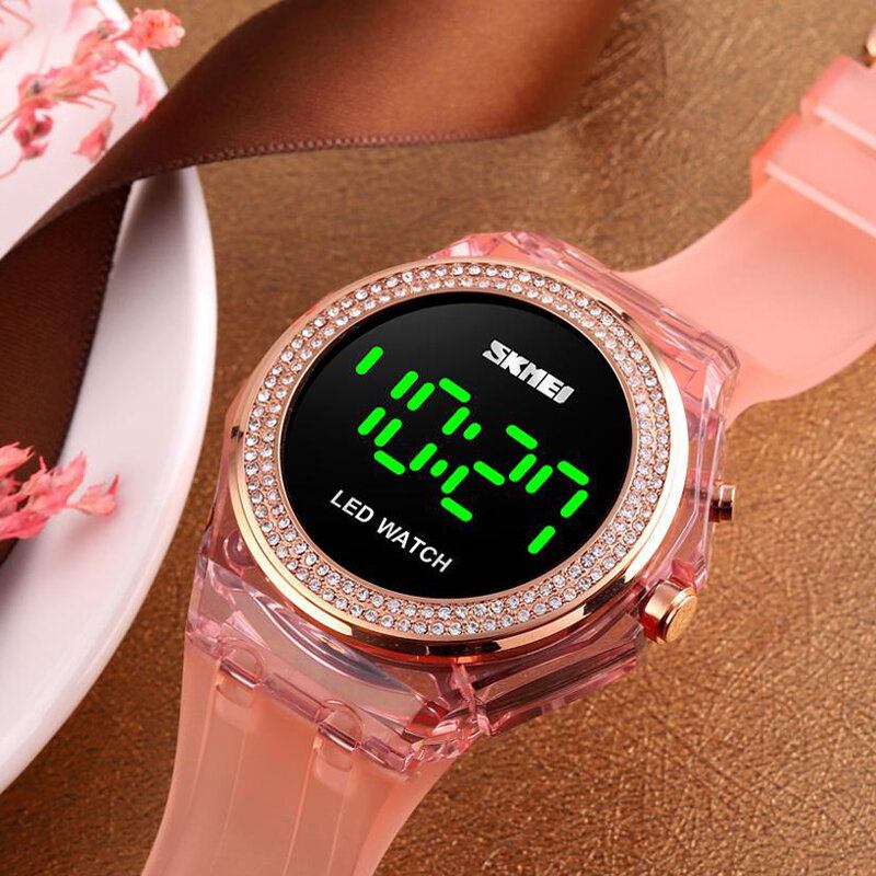 Mode Dameur Diamantskive Transparent Pu Strap Lysende Display Lady Digital Watch