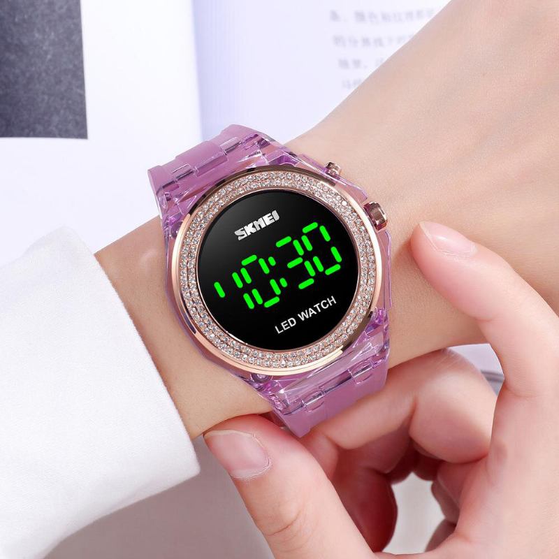 Mode Dameur Diamantskive Transparent Pu Strap Lysende Display Lady Digital Watch