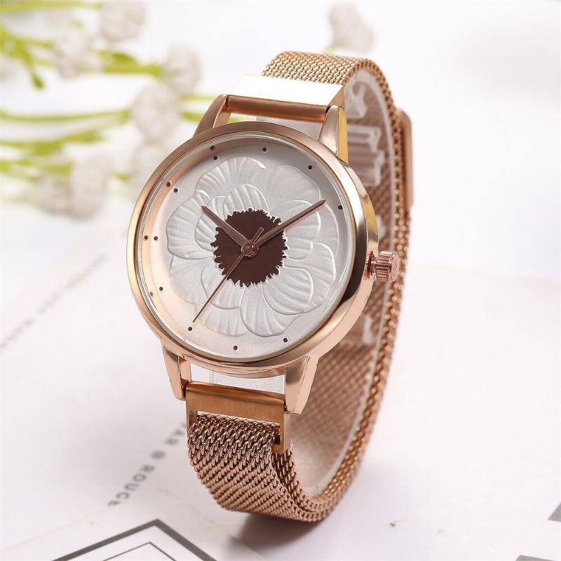 Mode Elegant 3d Blomstermønster Magnetisk Spænde Milanese Mesh Stålrem Dame Armbåndsure Quartz Watch