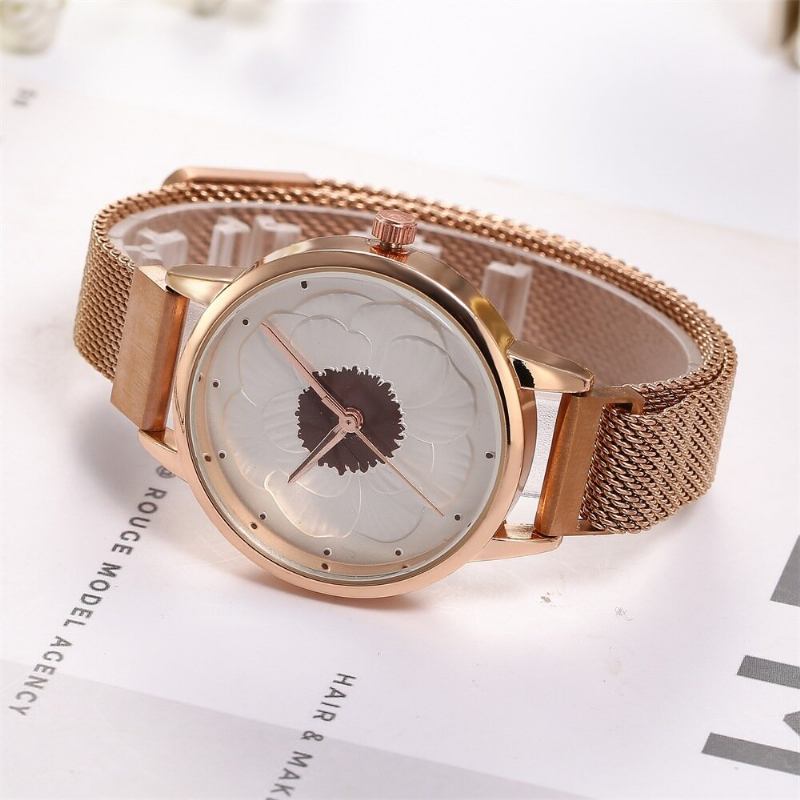 Mode Elegant 3d Blomstermønster Magnetisk Spænde Milanese Mesh Stålrem Dame Armbåndsure Quartz Watch