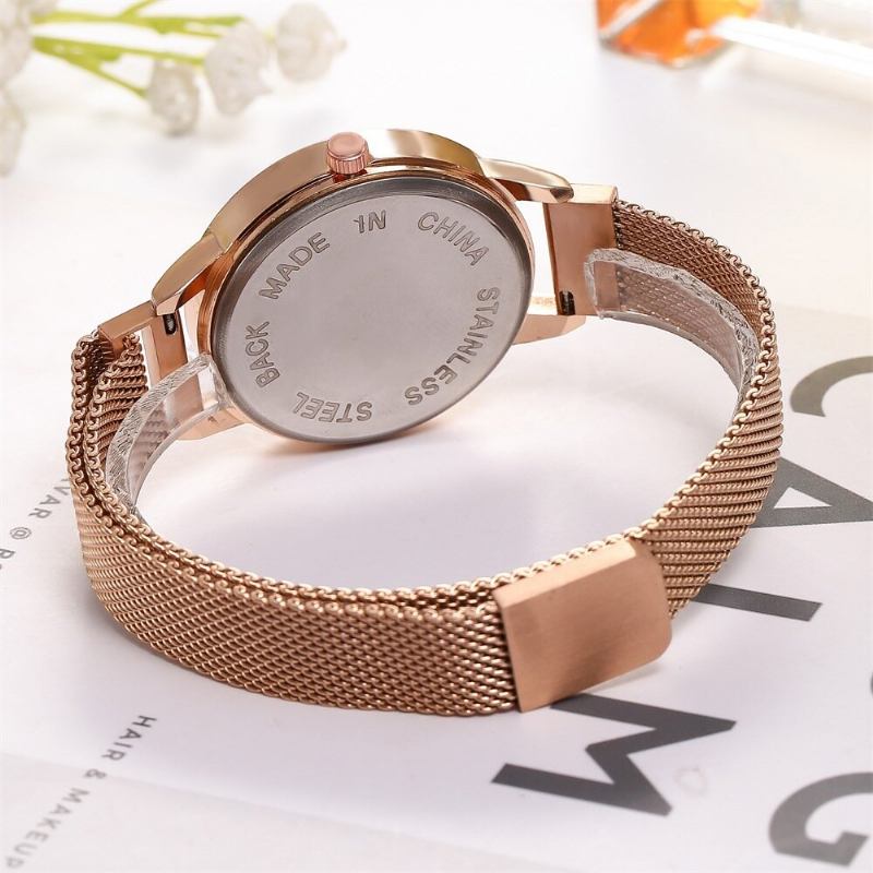 Mode Elegant 3d Blomstermønster Magnetisk Spænde Milanese Mesh Stålrem Dame Armbåndsure Quartz Watch