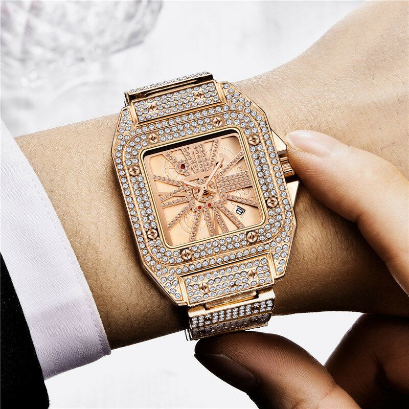 Mode Elegant Alloy Quartz Watch Diamond Cool Herreur Firkantet Urskive Form Quartz Watch