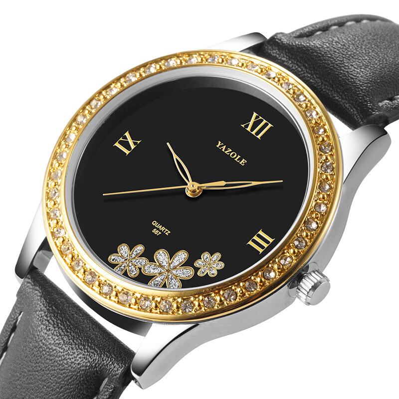 Mode Elegant Flower Rhinestone Decoration Dial Ægte Læderrem 3atm Vandtæt Kvindearmbåndsur Quartz Watch