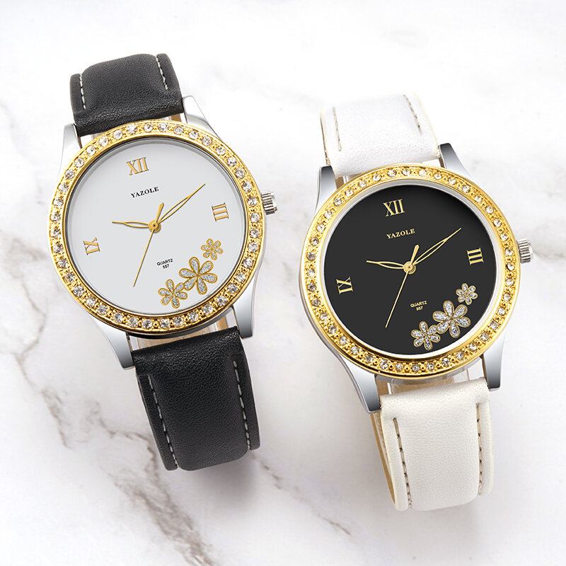 Mode Elegant Flower Rhinestone Decoration Dial Ægte Læderrem 3atm Vandtæt Kvindearmbåndsur Quartz Watch