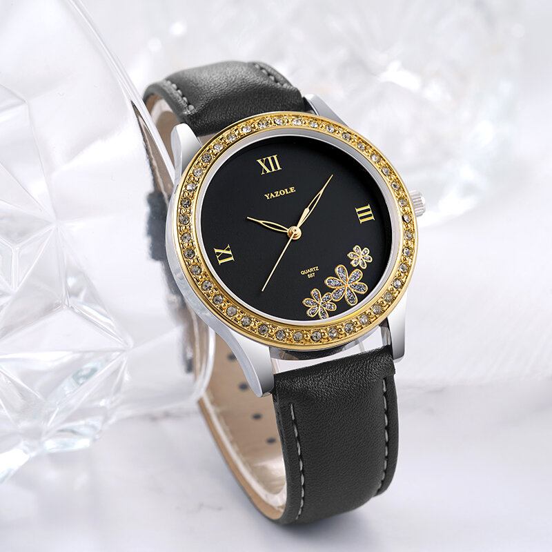 Mode Elegant Flower Rhinestone Decoration Dial Ægte Læderrem 3atm Vandtæt Kvindearmbåndsur Quartz Watch