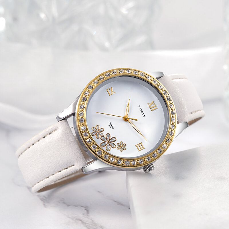 Mode Elegant Flower Rhinestone Decoration Dial Ægte Læderrem 3atm Vandtæt Kvindearmbåndsur Quartz Watch