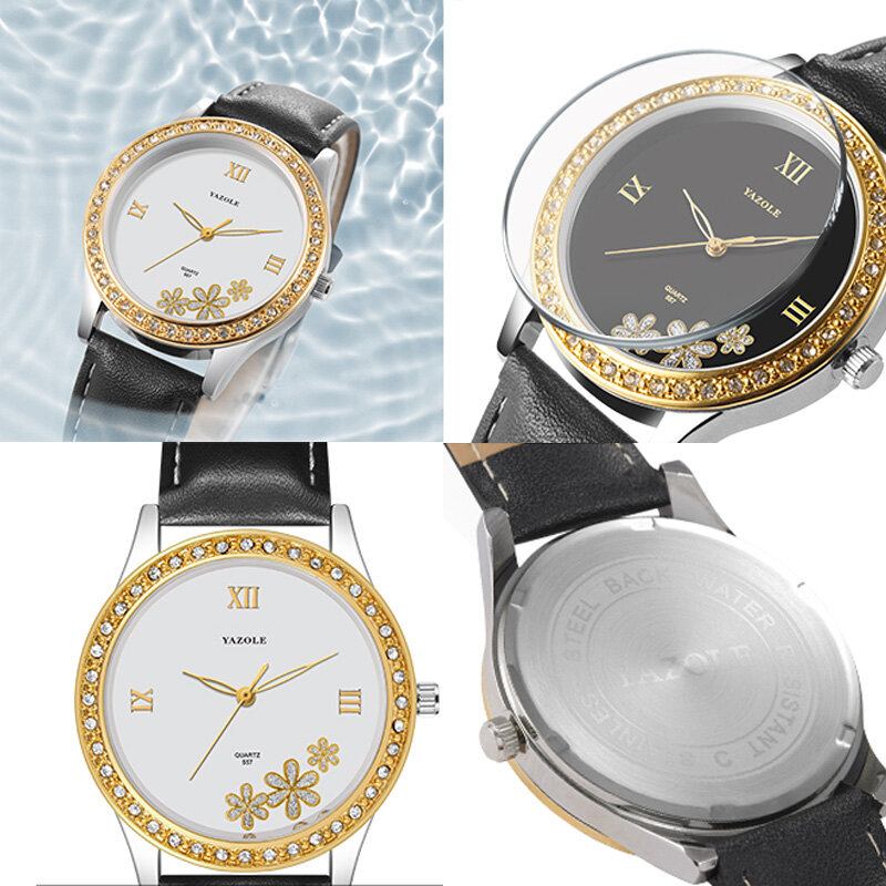 Mode Elegant Flower Rhinestone Decoration Dial Ægte Læderrem 3atm Vandtæt Kvindearmbåndsur Quartz Watch