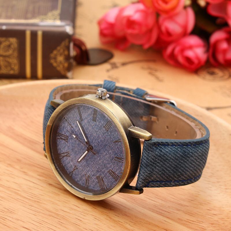 Mode Farverig Rem Denim Pu Rem Casual Urskive Mænd Kvinder Ur Quartz Watch