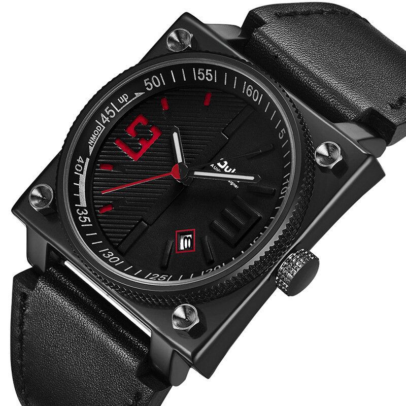 Mode Firkantet Lysende Pointer Ægte Læderrem 3atm Vandtæt Herre Quartz Watch Armbåndsur