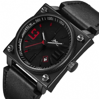 Mode Firkantet Lysende Pointer Ægte Læderrem 3atm Vandtæt Herre Quartz Watch Armbåndsur