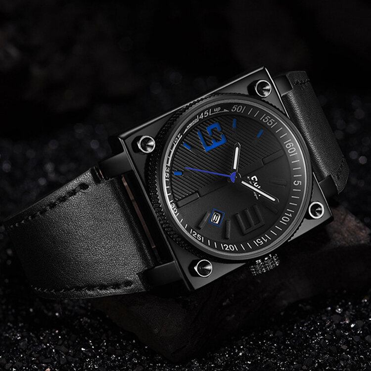 Mode Firkantet Lysende Pointer Ægte Læderrem 3atm Vandtæt Herre Quartz Watch Armbåndsur