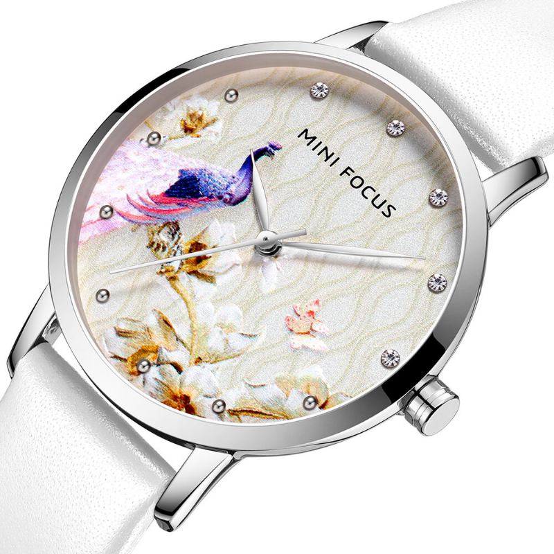 Mode Kvinder Peacock Flower Mønster Ægte Læder Quartz Watch