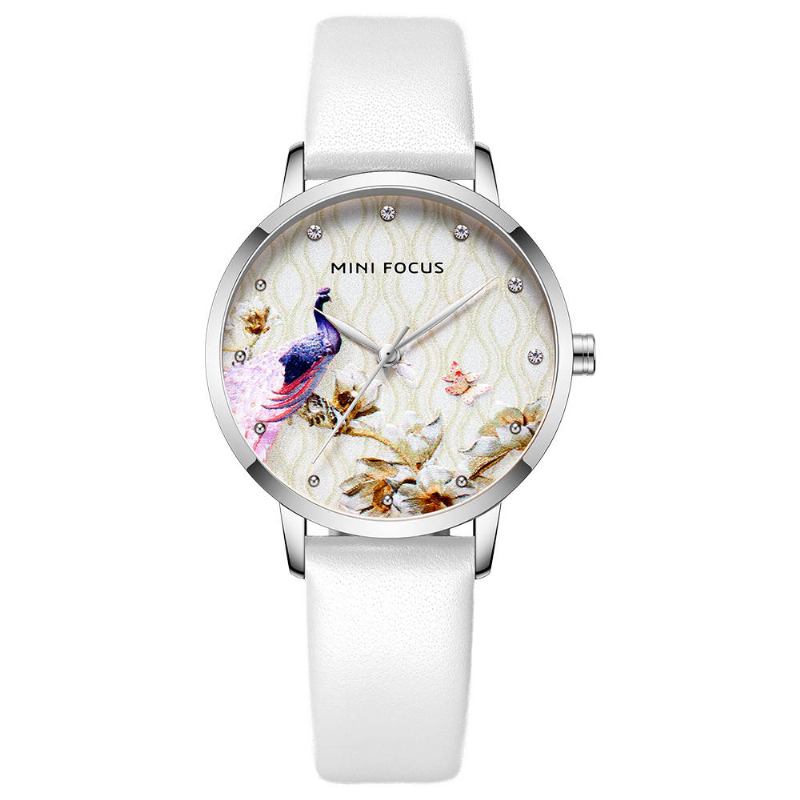 Mode Kvinder Peacock Flower Mønster Ægte Læder Quartz Watch