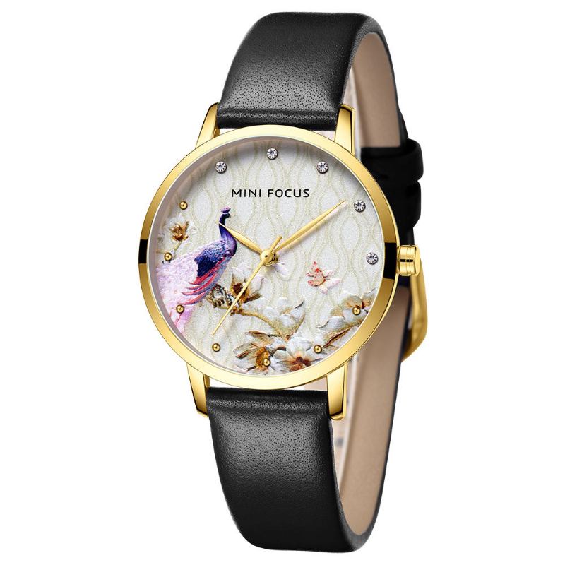 Mode Kvinder Peacock Flower Mønster Ægte Læder Quartz Watch