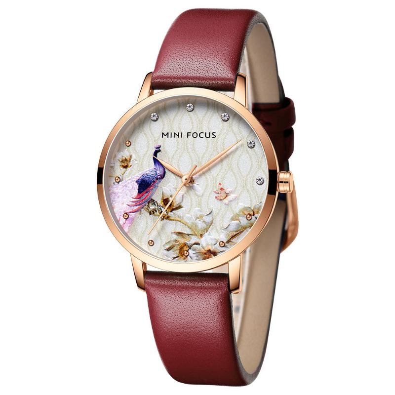 Mode Kvinder Peacock Flower Mønster Ægte Læder Quartz Watch