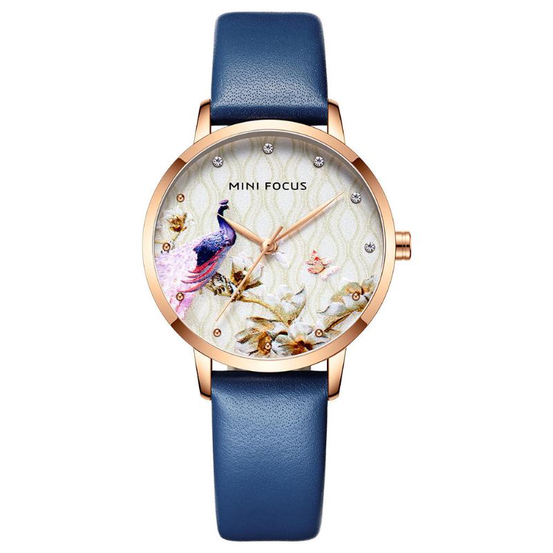 Mode Kvinder Peacock Flower Mønster Ægte Læder Quartz Watch