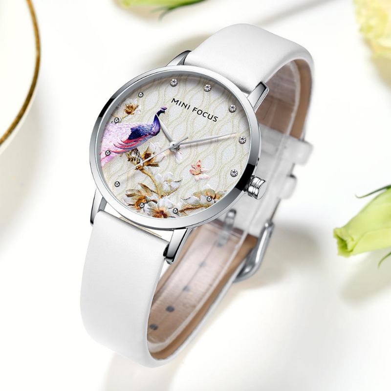 Mode Kvinder Peacock Flower Mønster Ægte Læder Quartz Watch