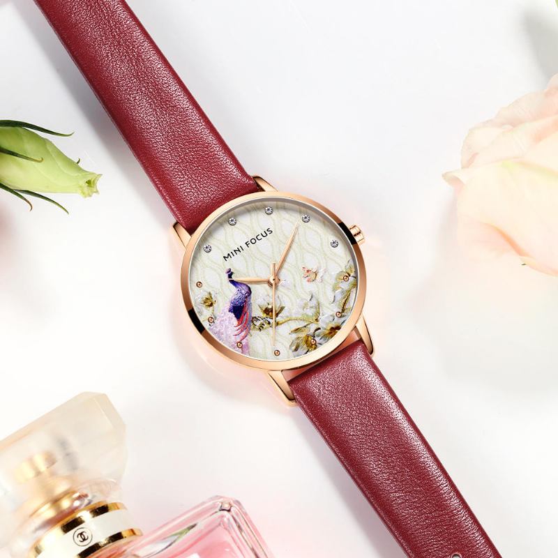 Mode Kvinder Peacock Flower Mønster Ægte Læder Quartz Watch