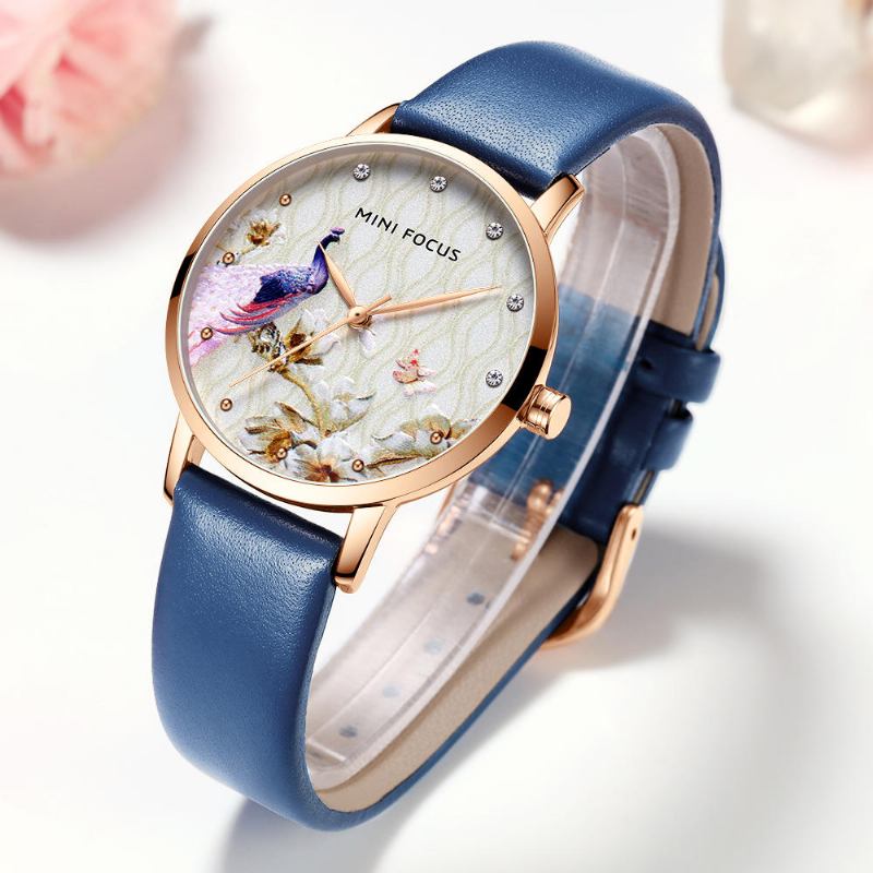 Mode Kvinder Peacock Flower Mønster Ægte Læder Quartz Watch