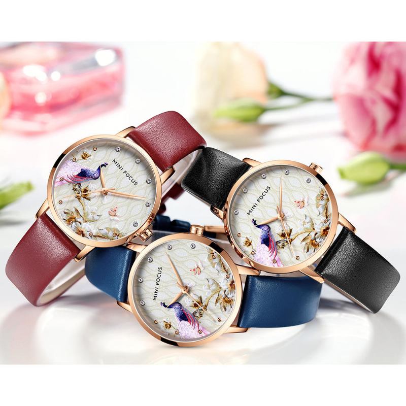 Mode Kvinder Peacock Flower Mønster Ægte Læder Quartz Watch