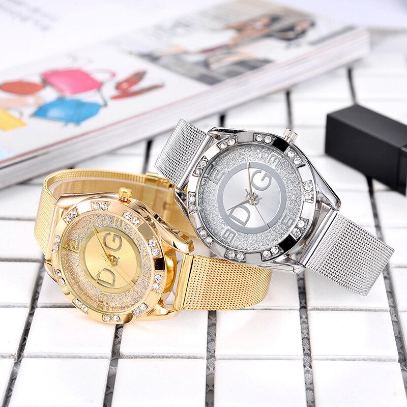 Mode Luksus Kvinder Ure Krystal Mount Large Tre-hænders Dial Mesh Band Quartz Ure