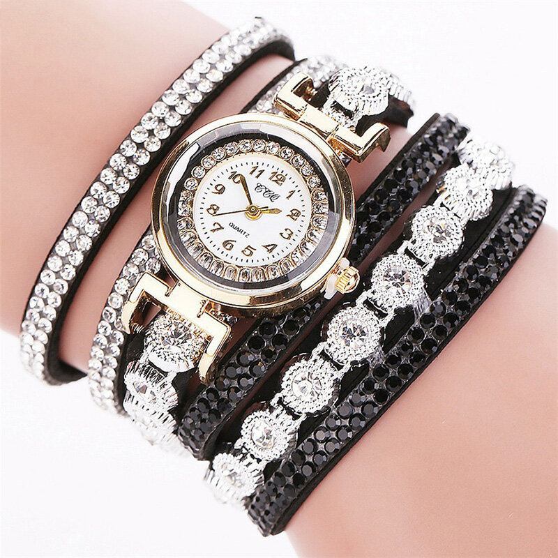 Mode Luksus Rhinestone Pu Læder Band Kvinder Quartz Armbåndsur