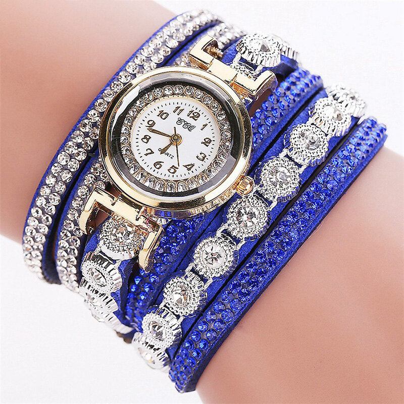 Mode Luksus Rhinestone Pu Læder Band Kvinder Quartz Armbåndsur