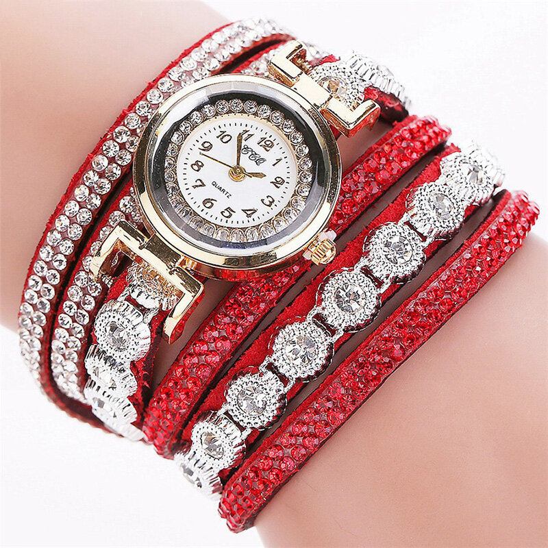 Mode Luksus Rhinestone Pu Læder Band Kvinder Quartz Armbåndsur