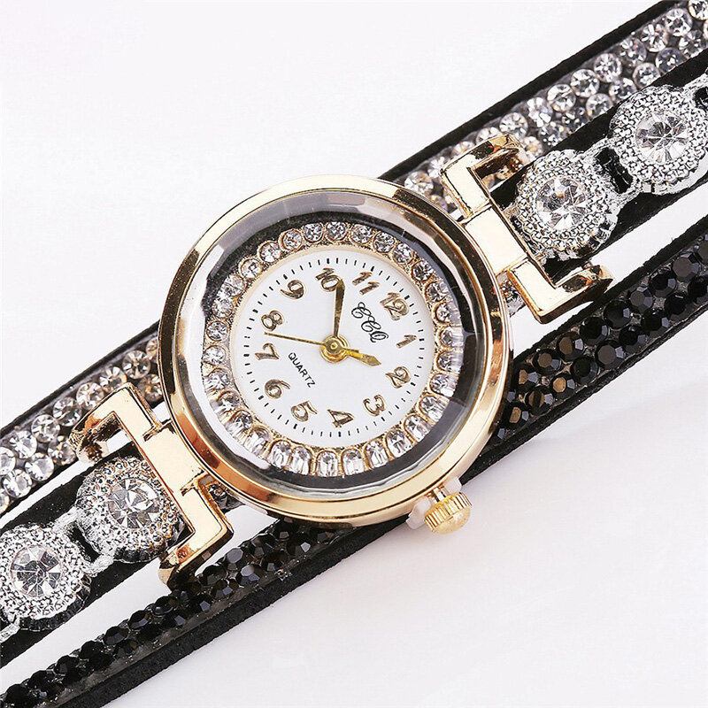 Mode Luksus Rhinestone Pu Læder Band Kvinder Quartz Armbåndsur