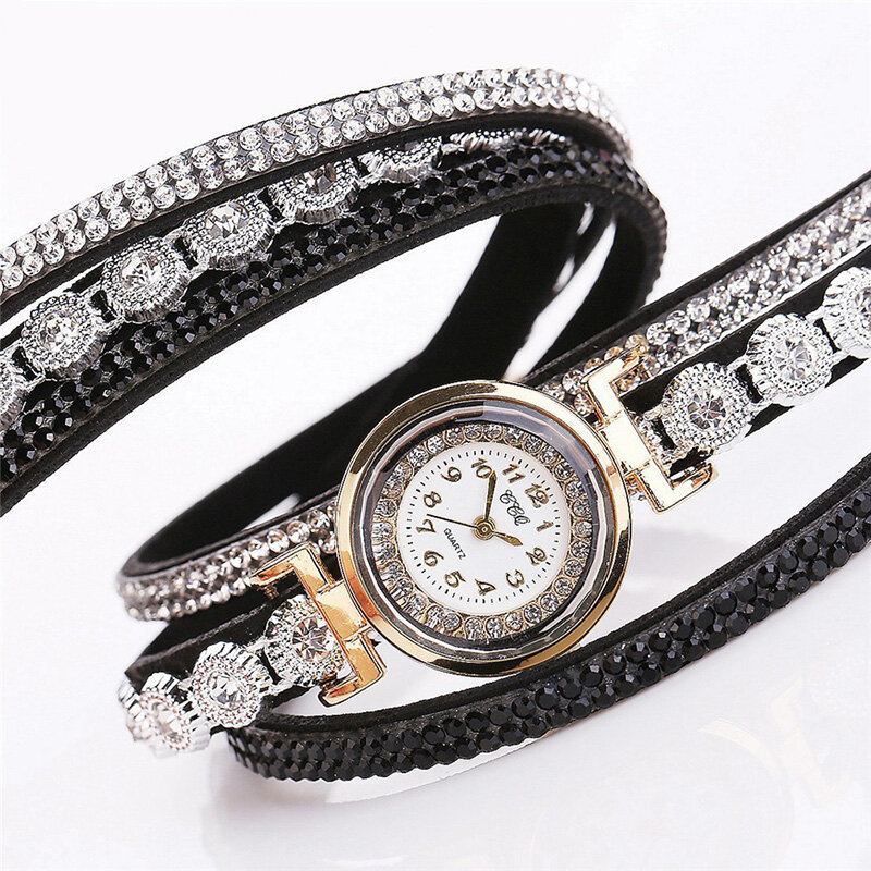 Mode Luksus Rhinestone Pu Læder Band Kvinder Quartz Armbåndsur