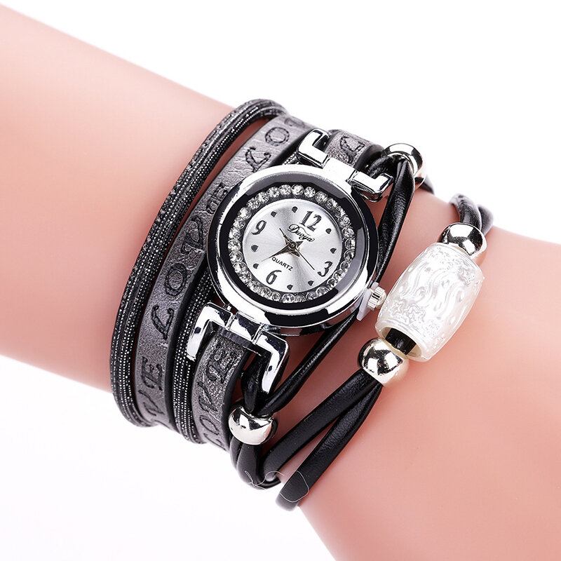 Mode Luksus Rhinestone Pu Læder Kvinder Quartz Watch Armbåndsur