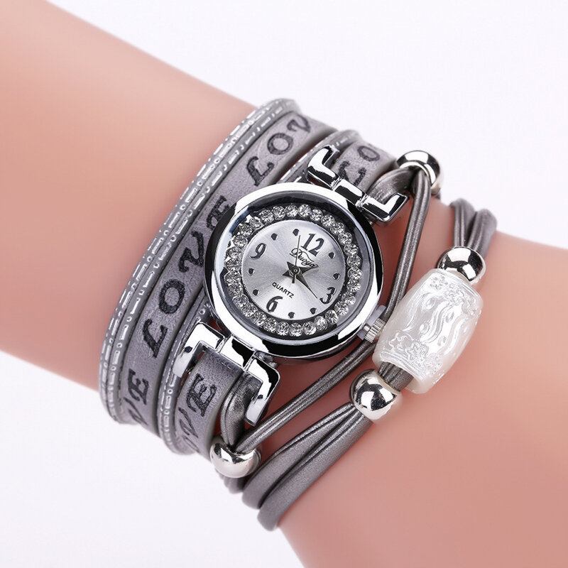 Mode Luksus Rhinestone Pu Læder Kvinder Quartz Watch Armbåndsur