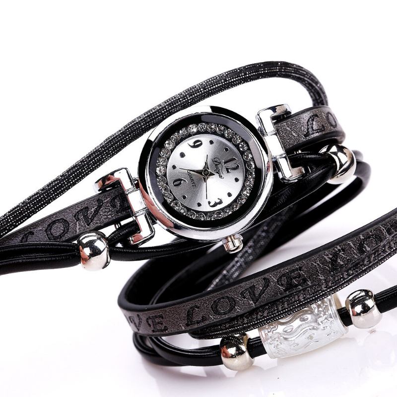 Mode Luksus Rhinestone Pu Læder Kvinder Quartz Watch Armbåndsur