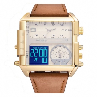 Mode Mænd Digital Watch Creative Dial Week Month Display Chronograph 3 Time Zone Læderrem Dual Display Watch